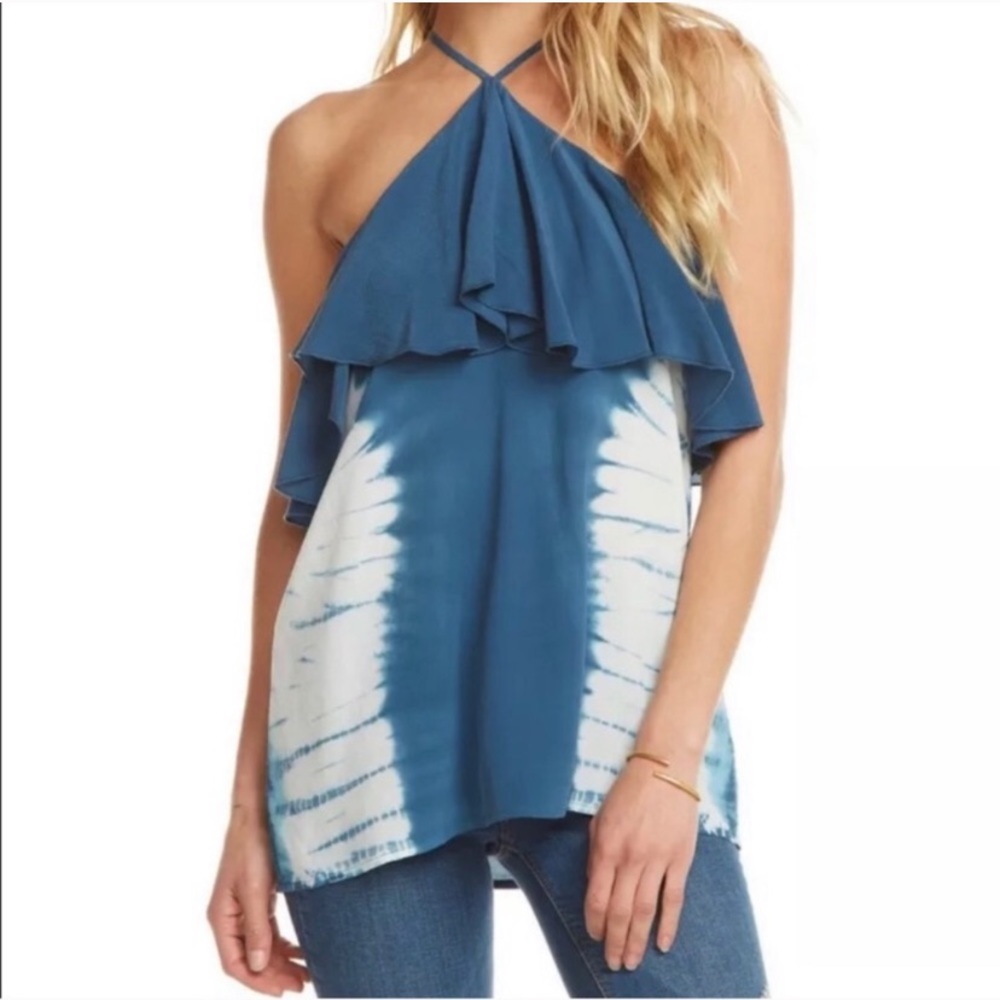 •CHASER•‎ Silk Tie Dye Ruffle Halter Tunic Tank Top